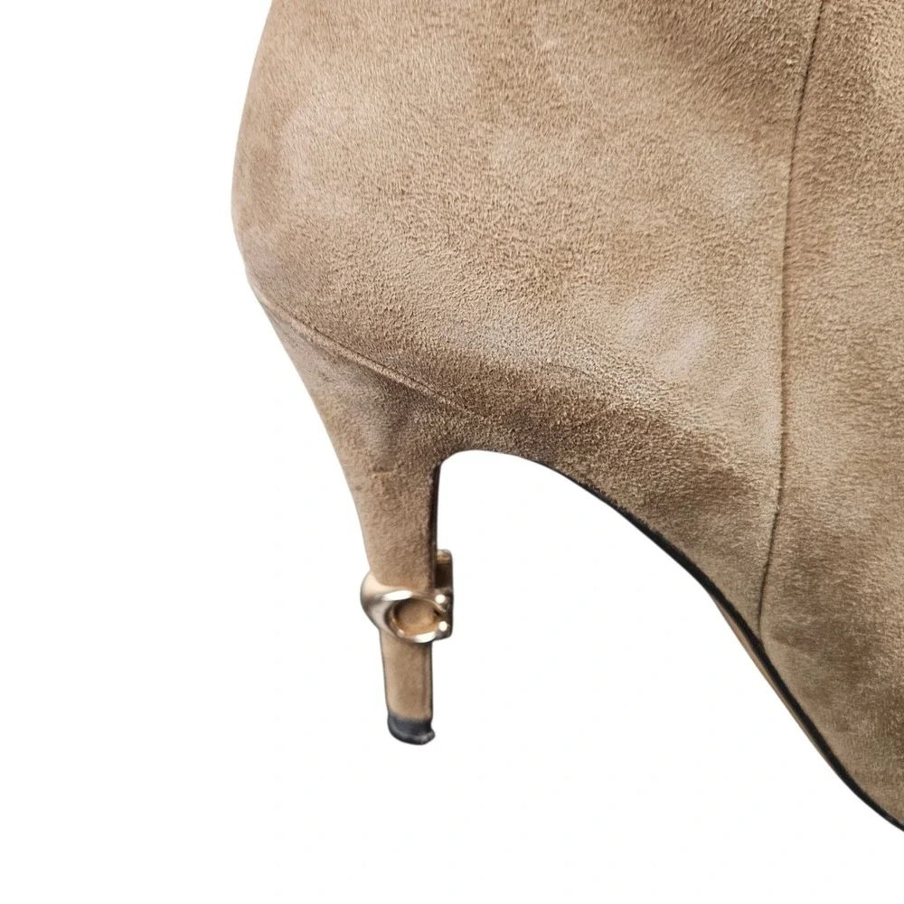 COACH Suede Peep Toe Ankle Booties‎ Taupe Gold Accent Heel Zip Size 8.5B